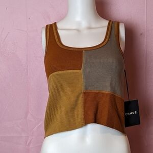 CHNGE Patchwork Neutral Tones Scoop Neck Raw Hem Organic Tank Top size Medium